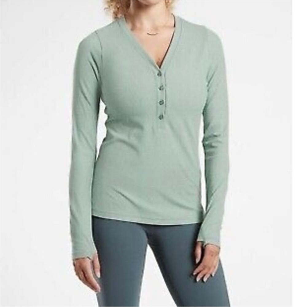 Athleta Uptempo Ribbed Henley Long Sleeve Top Aqua Green Color Size Small - Picture 4 of 13